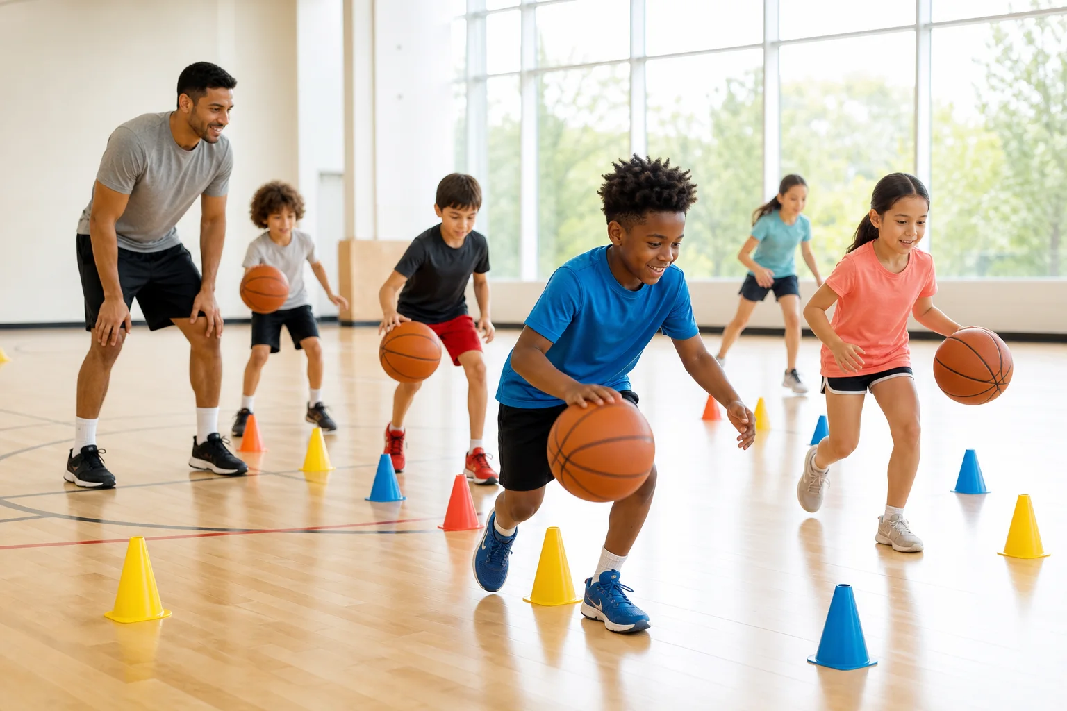 Children practising dribbling through colourful markers in a sunlit gym