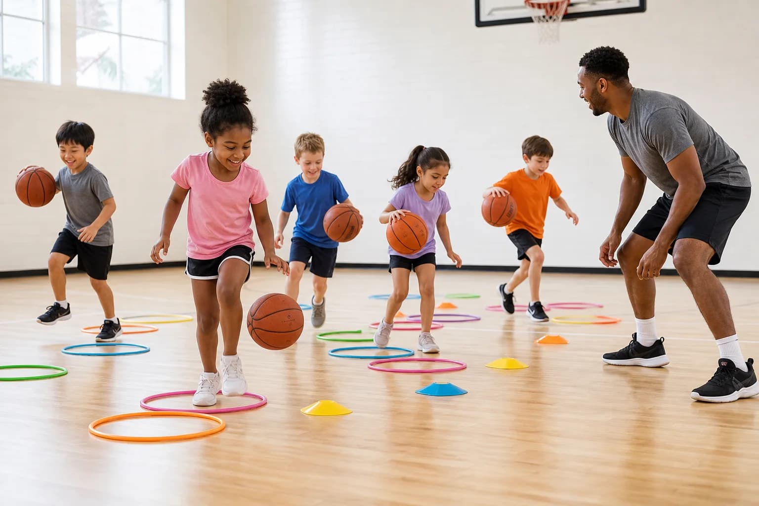 Younger children combining basketball with a colourful movement game
