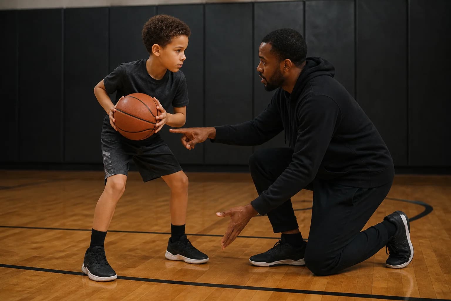 A coach explaining a basketball stance to a young player