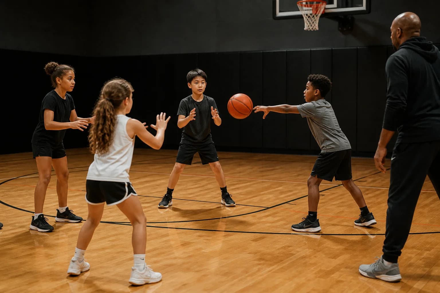 Four children practising passing and spacing in a gym