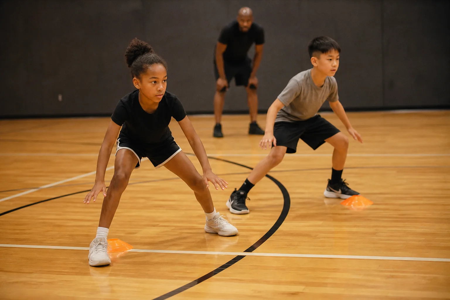 Two children practising balanced defensive footwork