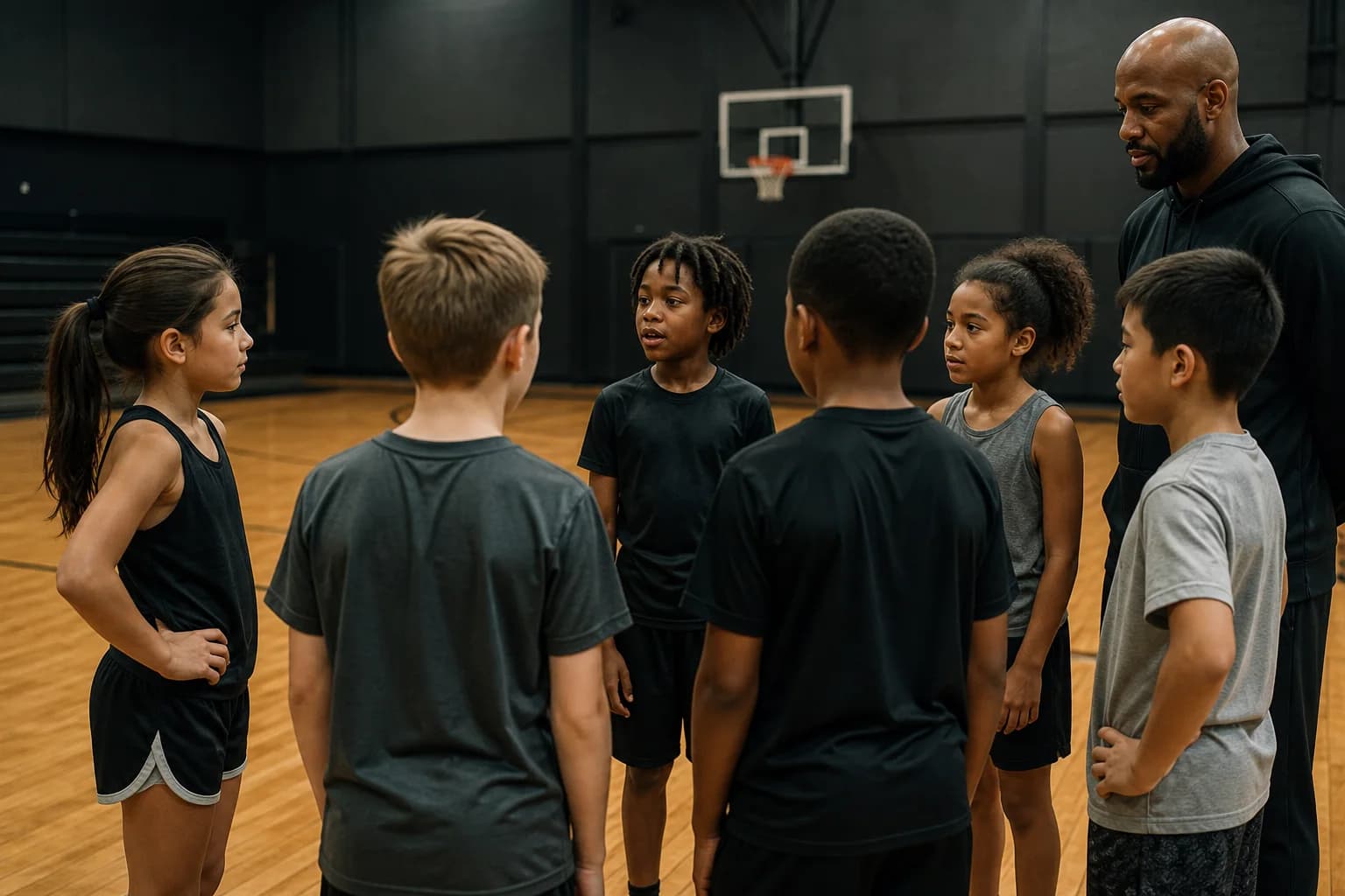 Young basketball players listening to one another in a group