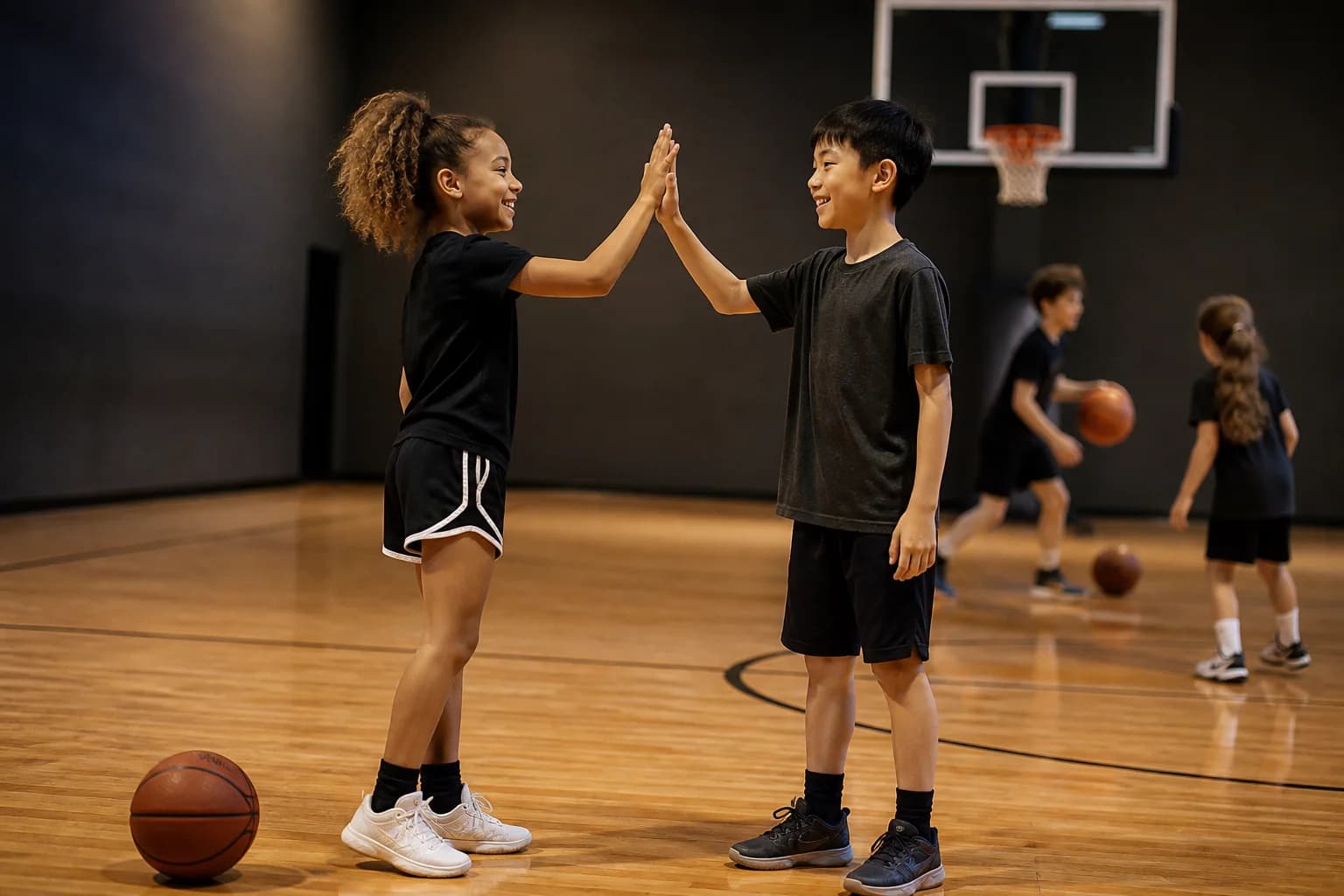 Two young basketball players sharing an encouraging high-five