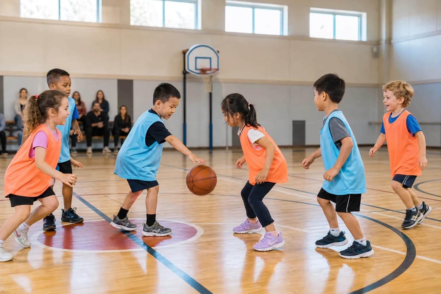 Children aged about five to six beginning a small-sided basketball game