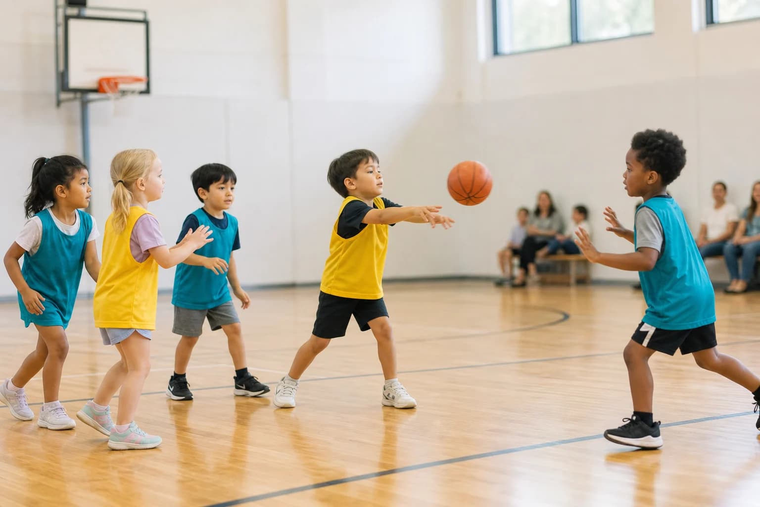 A young child making a two-handed pass to a teammate during a game