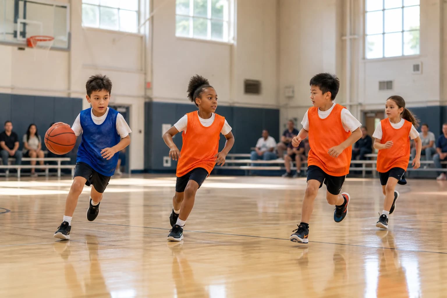 Children aged about seven to eight running in transition during a basketball game