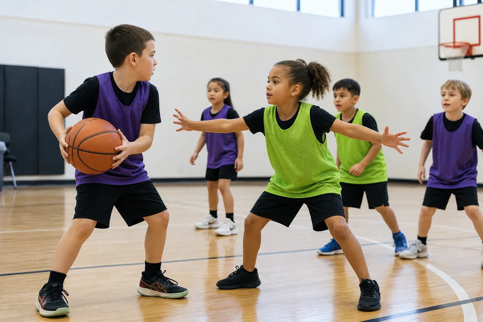 A child using a balanced defensive stance against a ball handler