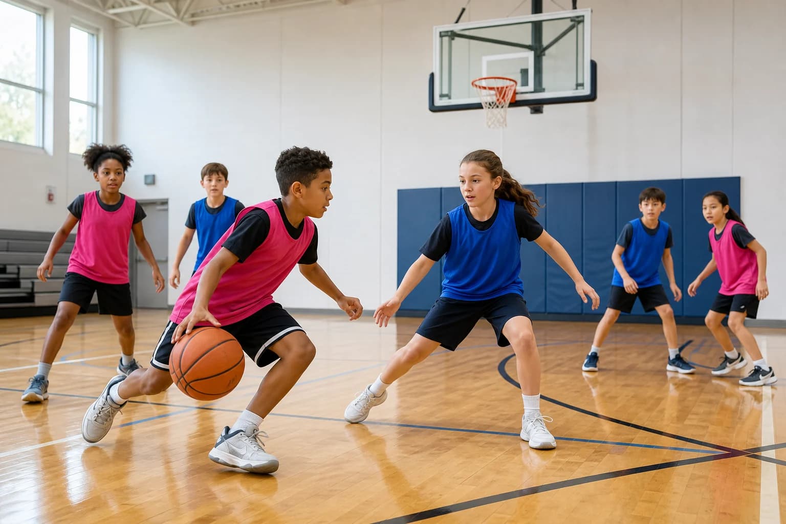 Children aged about nine to ten playing a spaced half-court basketball game