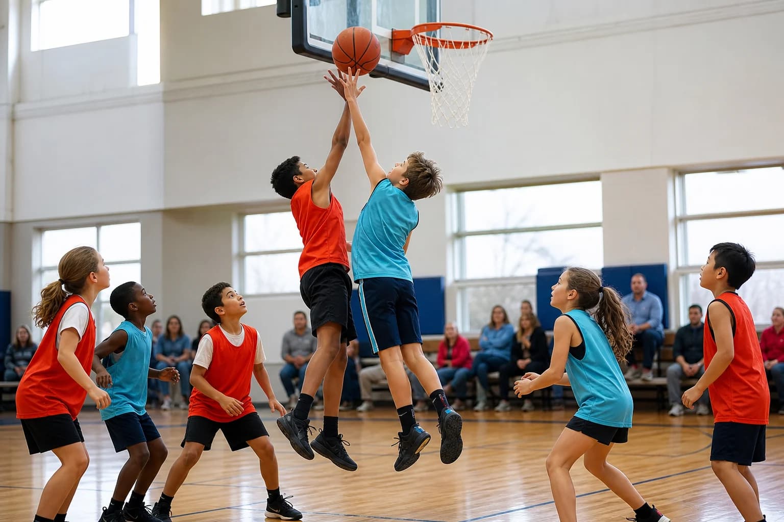 Young players competing for a rebound beneath the basket