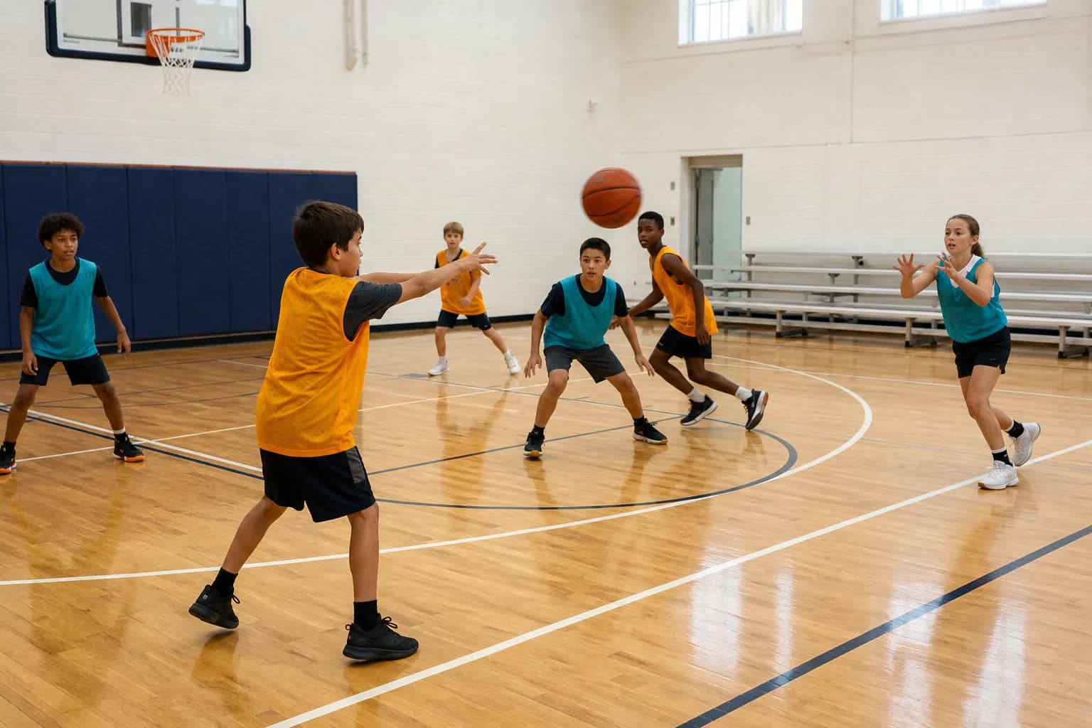 A young player passing across the court as teammates and defenders reposition