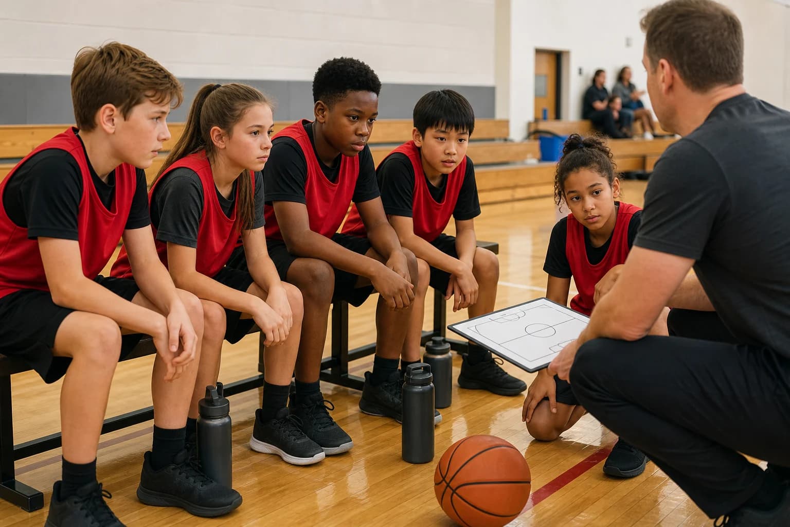 Young basketball players listening during a timeout in a community gym