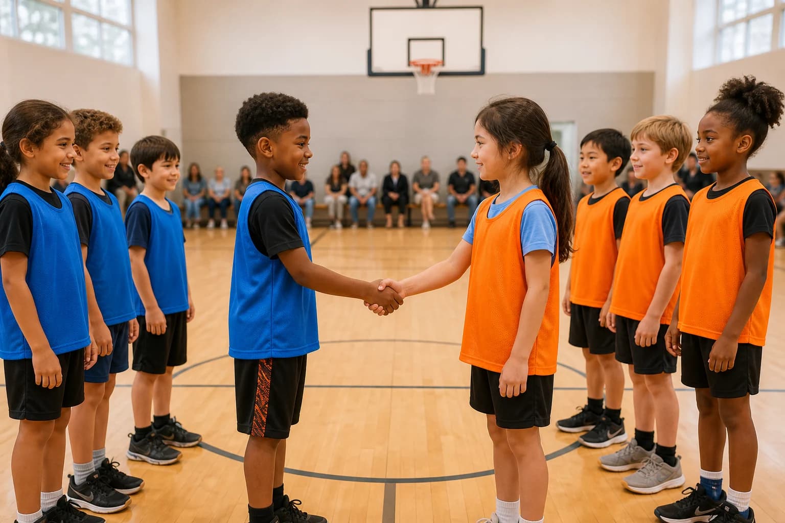 Two groups of young basketball players exchanging a handshake before a game