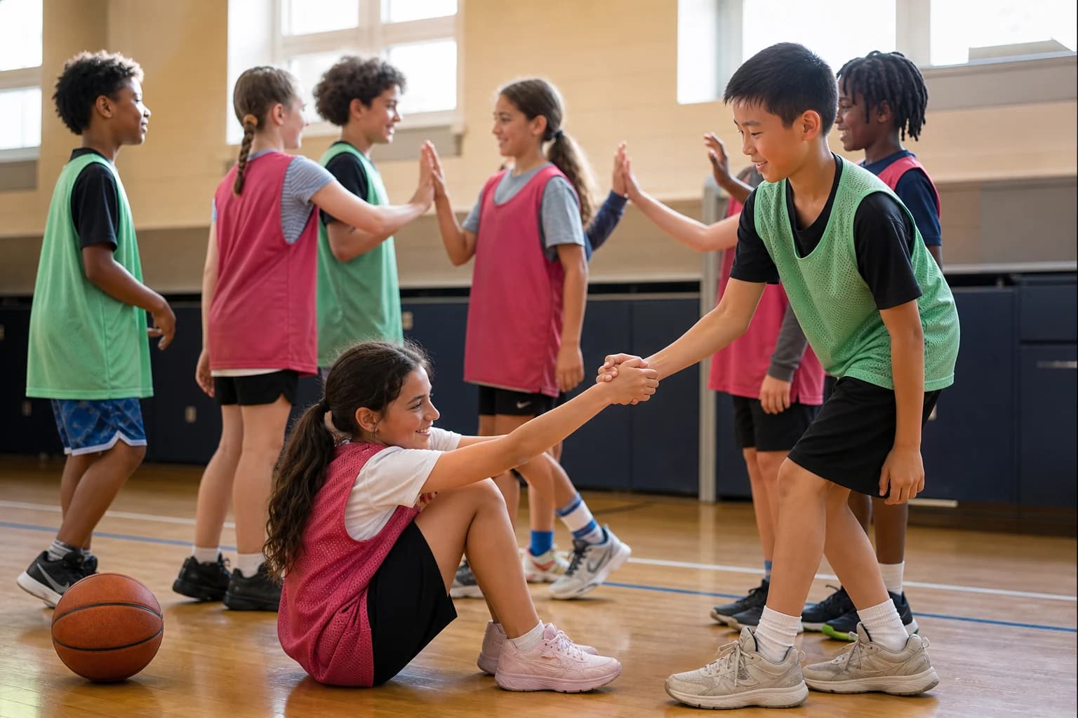 A young basketball player helping an opponent to stand after a game